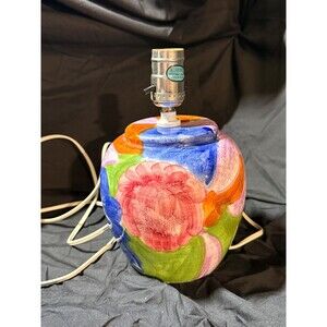 Mid Century Hand Painted Ceramic Table Lamp Abstract Floral Boho Decor